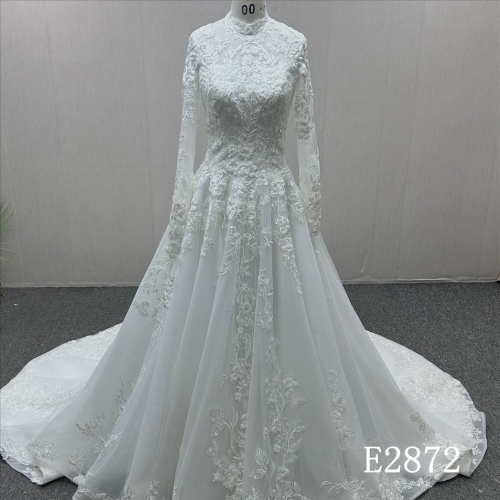 Long Sleeves Wedding Dress Luxury High Neckline Lace Bridal Gown