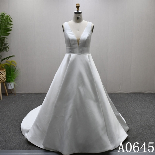 V-Neckline Pearl Encrusted Simple Pleated A-line Trailing Princess Bridal Gowns