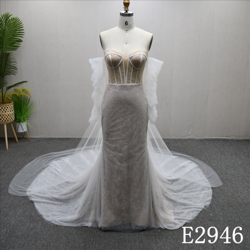 Detachable Tulle Long Sleeve Wrap Wedding Dresses Sequins Mermaid Bridal Gowns