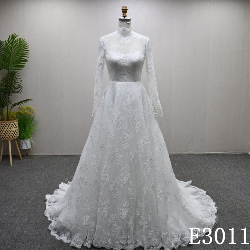 High Neck Long Sleeve Noble Lace Applique Wedding A Line Elegant Bridal Gowns