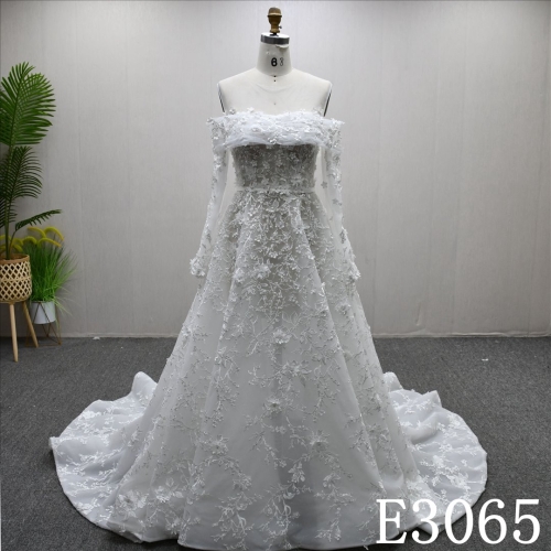 Elegant Detachable Long Sleeve Wrap Wedding Dress Lace Row Flower Bridal Gowns