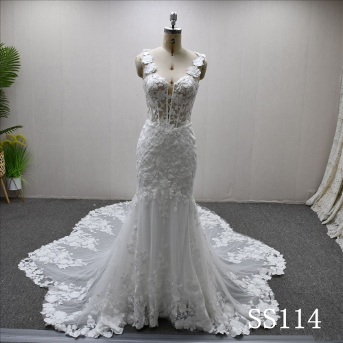 Mermaid Strapless Lace Applique Bridal Gown Bone Elegant Unique Wedding Dresses