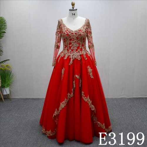 Luxury Red Long Sleeve Beaded Bridal Gowns Unique Design Evening Gowns